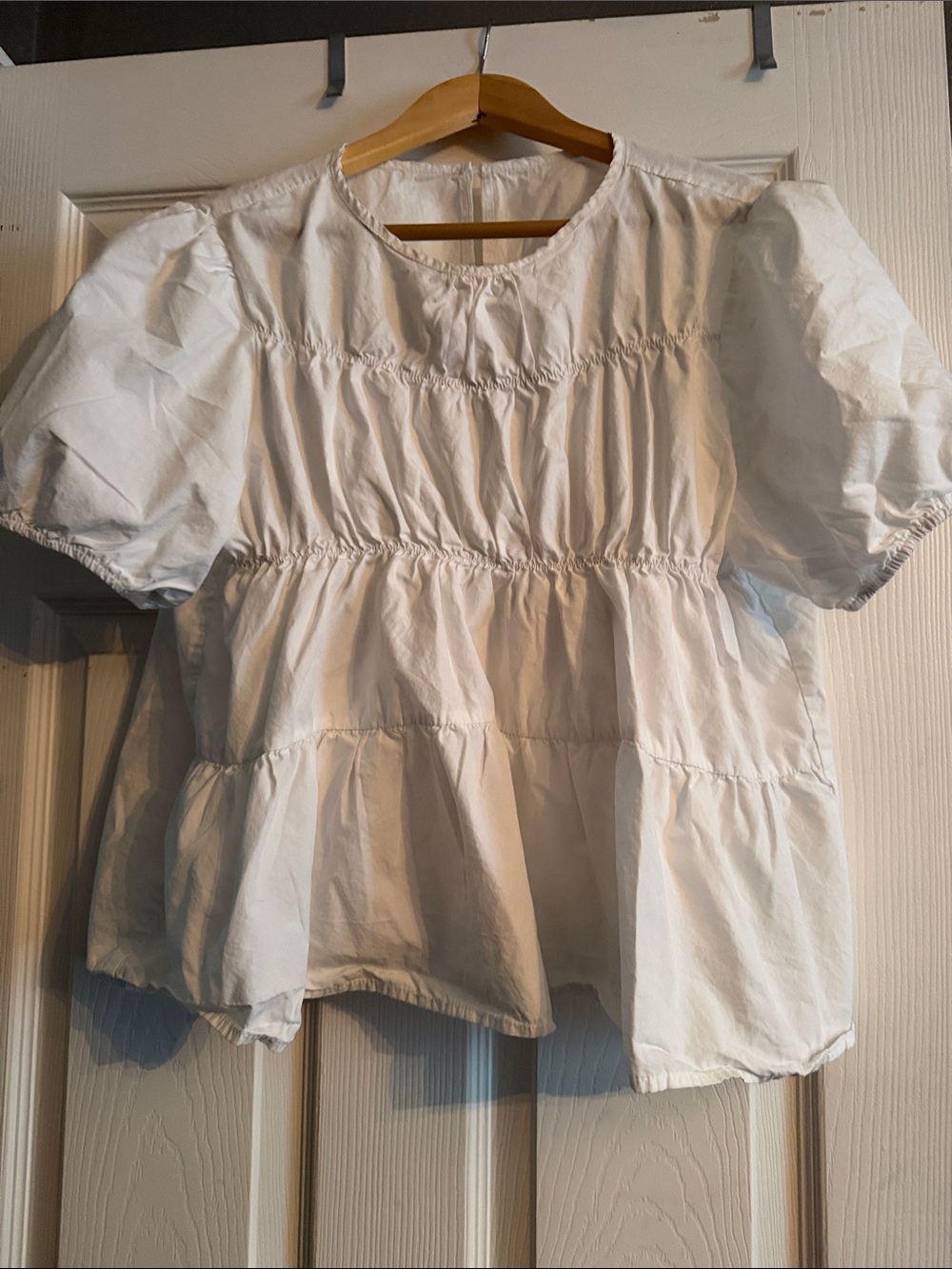 White Short-Sleeve Tiered Peasant Top - Women's fits like large